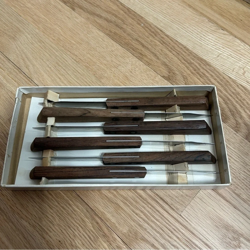 Kaylan Stainless Steel Steak Knives Set Vintage 6 Piece Wood Handles
